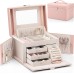 Vlando Jewelry Box Organizer for Girls Women, Large Baroque Jewelry Holder Organizer with Mirror, 3 Drawers for Bracelets, Earrings, Rings, Necklaces, Mothers Day for Loved One, Pink
