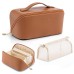 Vlando Travel Makeup Bag for Women Brown PU Leather Open Flat Makeup Organizer for Toiletries,Makeup Brushes Bag with Divider and Handle,Birthday Gifts for Women Traveler(Brown)